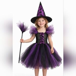 Girls Purple & Black Witch Tutu Dress Costume Set with Hat and Broom 6-7